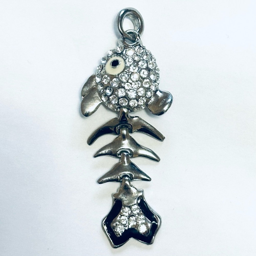 Silver Fish Bone Pendant with Crystals